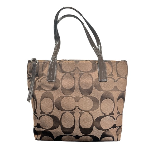 Coach Signature Stripe Khaki Gold Tote Bag Canvas & Patent Leather w/ Hang Tags - Picture 3 of 14